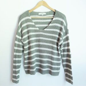 Loft Green and White Striped V-Neck Cotton Sweater